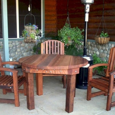 Round Outdoor Patio Table (Options: 4', 4 Chairs (3 shown), Old-Growth Redwood, Luna Chairs, No Cushions, Armchairs only, Standard Tabletop, No Lazy Susan, No Umbrella Hole, Transparent Premium Sealant).