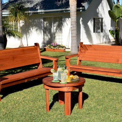 Round Solid Wood Side Table (Options: 30", Mature Redwood, Rounded Apron, 22 inches tall, Transparent Premium Sealant, ) and 2 Angel Benches. Carmel Planter shown in background.