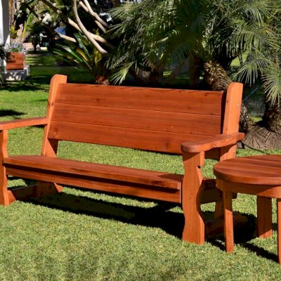 Round Solid Wood Side Table (Options: 30", Mature Redwood, Rounded Apron, 22 inches tall, Transparent Premium Sealant) and Angel Bench. Carmel Planter shown in background.