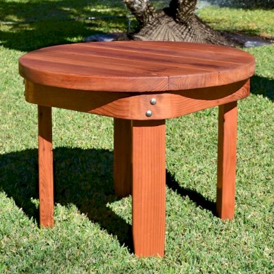 Round Solid Wood Side Table (Options: 30", Mature Redwood, Rounded Apron, 22 inches tall, Transparent Premium Sealant)