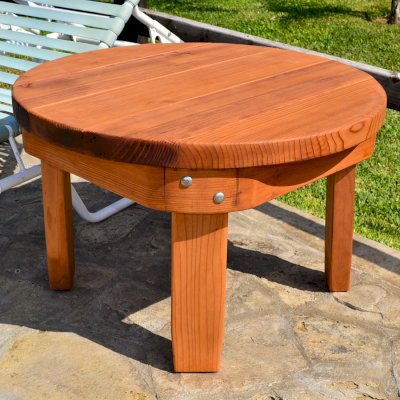 Round Solid Wood Side Table (Options: 30" size, Mature Redwood, Rounded Apron, 18"H, Transparent Premium Sealant).