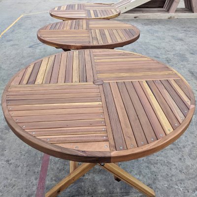 Round Wood Folding Picnic Table in Production (Options: 42", Folding Arc Benches, California Redwood, 4 Folding Arc Benches, Standard Tabletop, Checkerboard Design Tabletop, 2" Umbrella Hole & Plug, Transparent Premium Sealant).