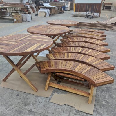 Round Wood Folding Picnic Table in Production (Options: 42", Folding Arc Benches, California Redwood, 4 Folding Arc Benches, Standard Tabletop, Checkerboard Design Tabletop, 2" Umbrella Hole & Plug, Transparent Premium Sealant).