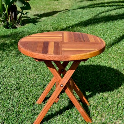 Round Wood Folding Picnic Table (Options: Custom Size - 30 inch diameter, No Seating, Redwood, Standard Tabletop, Checkerboard Design Tabletop, No Umbrella Hole, Transparent Premium Sealant).