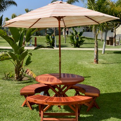 Round Wood Folding Picnic Table (Options: 42", Folding Arc Benches, Redwood [with some Mosaic Redwood boards at the bottom of the seat by custom request], 3 Folding Arc Benches, Standard Tabletop, Checkerboard Design Tabletop, Umbrella Hole & Plug, Transparent Premium Sealant). Umbrella not included.