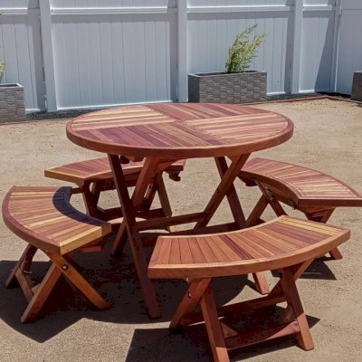 Round Wood Folding Picnic Table (Options: 42", Folding Arc Benches, California Redwood, 4 Folding Arc Benches, Standard Tabletop, Checkerboard Design Tabletop, 1 5/8" Umbrella Hole & Plug, Transparent Premium Sealant). Photo Courtesy of R. Jimenez of Whittier, CA.