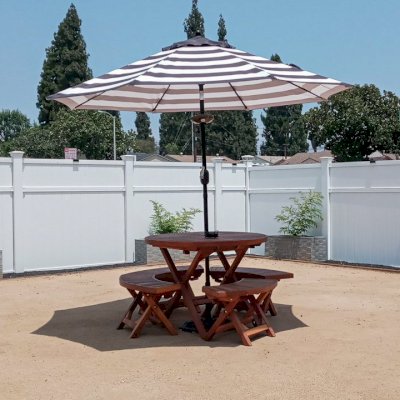 Round Wood Folding Picnic Table (Options: 42", Folding Arc Benches, California Redwood, 4 Folding Arc Benches, Standard Tabletop, Checkerboard Design Tabletop, 1 5/8" Umbrella Hole & Plug, Transparent Premium Sealant). Photo Courtesy of R. Jimenez of Whittier, CA.