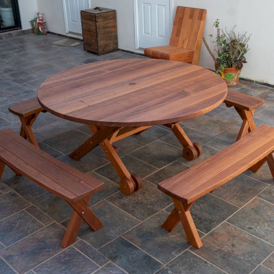Round Wood Picnic Table with Wheels (Options: 5'-6" Diameter, Unattached Benches, Old- Growth Redwood, Custom Arc Picnic Benches, Standard Tabletop, No Lazy Susan, 2" Umbrella Hole & Plug, Transparent Premium Sealant).