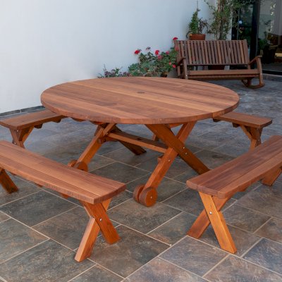 Round Wood Picnic Table with Wheels (Options: 5'-6" Diameter, Unattached Benches, Old- Growth Redwood, Custom Arc Picnic Benches, Standard Tabletop, No Lazy Susan, 2" Umbrella Hole & Plug, Transparent Premium Sealant).
