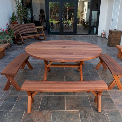 Round Wood Picnic Table with Wheels (Options: 5'-6" Diameter, Unattached Benches, Old- Growth Redwood, Custom Arc Picnic Benches, Standard Tabletop, No Lazy Susan, 2" Umbrella Hole & Plug, Transparent Premium Sealant).