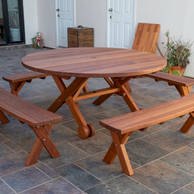 Round Wood Picnic Table with Wheels (Options: 5'-6" Diameter, Unattached Benches, Old- Growth Redwood, Custom Arc Picnic Benches, Standard Tabletop, No Lazy Susan, 2" Umbrella Hole & Plug, Transparent Premium Sealant).