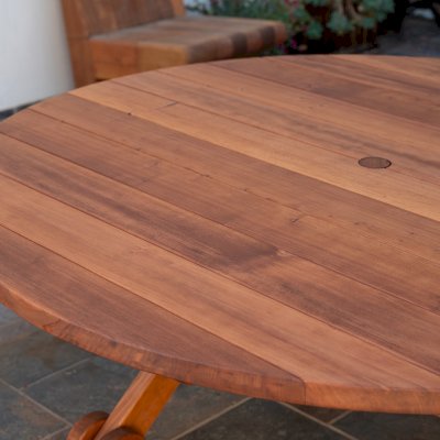 Round Wood Picnic Table with Wheels (Options: 5'-6" Diameter, Unattached Benches, Old- Growth Redwood, Custom Arc Picnic Benches, Standard Tabletop, No Lazy Susan, 2" Umbrella Hole & Plug, Transparent Premium Sealant).