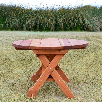 Round Wood Picnic Table with Wheels (Options: 3.5' Diameter, No Seating, Redwood, Standard Tabletop, No Lazy Susan, Umbrella Hole, Transparent Premium Sealant).