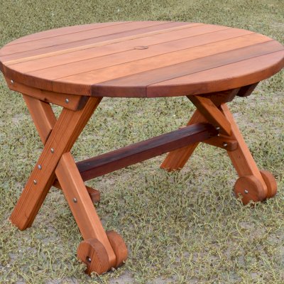 Round Wood Picnic Table with Wheels (Options: 3.5' Diameter, No Seating, Redwood, Standard Tabletop, No Lazy Susan, Umbrella Hole, Transparent Premium Sealant).