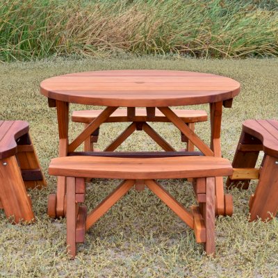 Round Wood Picnic Table with Wheels (Options: 3.5' Diameter, Unattached Benches,  Redwood, Round Picnic Benches, Standard Tabletop, No Lazy Susan, Umbrella Hole, Transparent Premium Sealant).