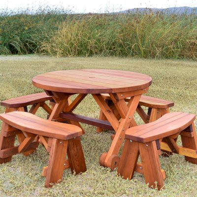 Round Wood Picnic Table with Wheels (Options: 3.5' Diameter, Unattached Benches,  Redwood, Round Picnic Benches, Standard Tabletop, No Lazy Susan, Umbrella Hole, Transparent Premium Sealant).