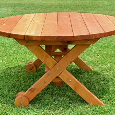 Round Wood Picnic Table with Wheels (Options: 5' Diameter, No Seating, Redwood, Standard Tabletop, No Lazy Susan, No Umbrella Hole, Transparent Premium Sealant).