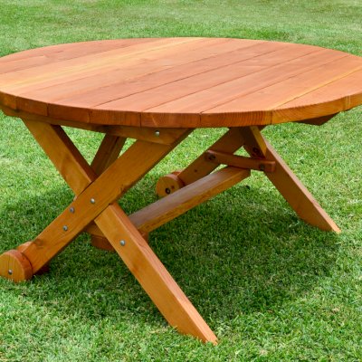 Round Wood Picnic Table with Wheels (Options: 5' Diameter, No Seating, Redwood, Standard Tabletop, No Lazy Susan, No Umbrella Hole, Transparent Premium Sealant).