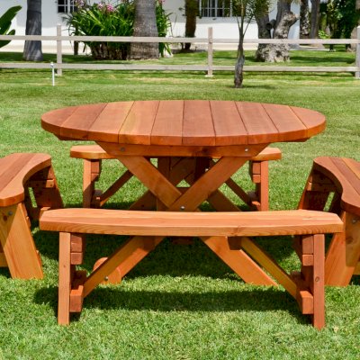 Round Wood Picnic Table with Wheels (Options: 5' Diameter, Unattached Benches, Redwood, Round Picnic Benches, Standard Tabletop, No Lazy Susan, No Umbrella Hole, Transparent Premium Sealant).
