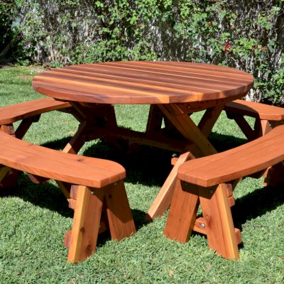 Round Wood Picnic Table with Wheels (Options: 5' Diameter, Unattached Benches, Redwood, Round Picnic Benches, Standard Tabletop, No Lazy Susan, Umbrella Hole & Plug, Transparent Premium Sealant).