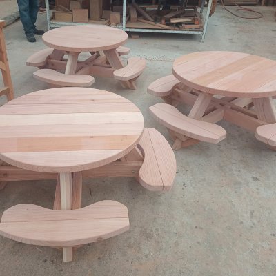 Round Wooden Picnic Table for Toddlers in Production (Options: California Redwood, Standard Tabletop).