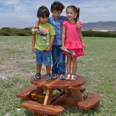 Round Wooden Picnic Table for Toddlers (Redwood, No Umbrella Hole, Standard Tabletop, No ADA, Transparent Premium Sealant).