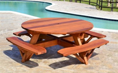 Round Wooden Picnic Tables (Attached Benches)