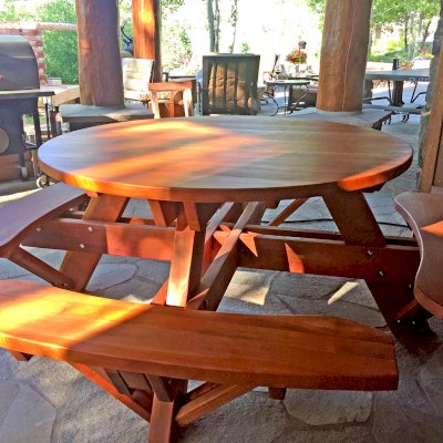 Round Wooden Picnic Tables (Attached Benches) (Options: 5' Diameter, Attached Benches, California Redwood, Seamless Tabletop, No Lazy Susan, No Umbrella Hole, Transparent Premium Sealant). Photo Courtesy of Brett Nann of Steamboat Springs, Colorado.