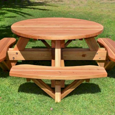 Round Wooden Picnic Tables (Attached Benches) (Options: 4.5' Diameter, Attached Benches, California Redwood, Standard Tabletop, No Lazy Susan, Umbrella Hole & Plug, Transparent Premium Sealant).