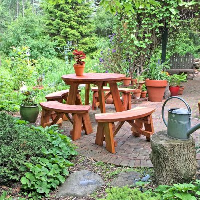 Round Wooden Picnic Table (Detached Benches) (Options: 4' Diameter, Unattached Benches, California Redwood, Arc Picnic Bench, Standard Tabletop, No Lazy Susan, No Umbrella Hole, Transparent Premium Sealant). Photo Courtesy of Bill Reichenbach of Pewaukee, Wisconsin.