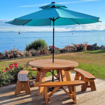 Round Wooden Picnic Table (Detached Benches) (Options: 5' Diameter, Unattached Benches, Douglas-fir, Round Picnic Bench, Standard Tabletop, No Lazy Susan, 1 5/8" Umbrella Hole, Transparent Premium Sealant). Photo Courtesy of J. Johnson of Point Roberts, WA.