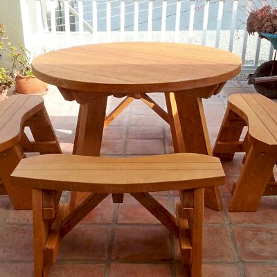 Round Wooden Picnic Table (Detached Benches) (Options: 4' Diameter, Unattached Benches, Douglas-fir, Round Picnic Bench, Standard Tabletop, No Lazy Susan, No Umbrella Hole, Transparent Premium Sealant). Photo Courtesy of M. Overeem of Marina del Rey, CA.