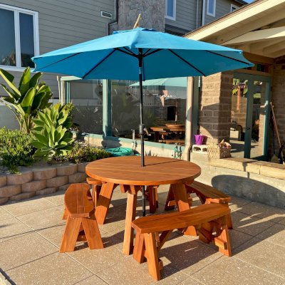 Round Wooden Picnic Table (Detached Benches) (Options: 4.5' diameter, Unattached Benches, California Redwood, Round Picnic Bench, Standard Tabletop, No Lazy Susan, Umbrella Hole, Transparent Premium Sealant). Photo Courtesy of M. Roberts of Carpinteria, CA.