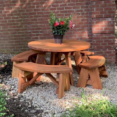 Round Wooden Picnic Table (Detached Benches) (Options: 4' diameter, Unattached Benches, California Redwood, Arc Picnic Bench, Standard Tabletop, No Lazy Susan, No Umbrella Hole, Transparent Premium Sealant). Photo Courtesy of P. Hock of Brentwood, Tennessee.