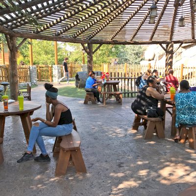 Round Wooden Picnic Tables with Picnic Benches Installed in Knott's Berry Farm in Buena Park, California. Photo Also Shows Some Square Patio Table Sets with Benches.