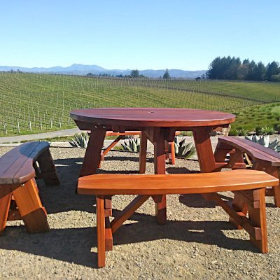 Round Wooden Picnic Table (Detached Benches) (Options: 5' diameter, Unattached Benches, California Redwood, Round Picnic Bench, Standard Tabletop, No Lazy Susan, 2" Umbrella Hole, Transparent Premium Sealant). Photo Courtesy of C. Bailey of Sebastopol, CA.