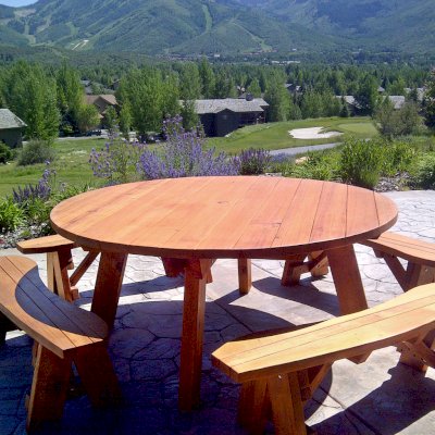 Round Wooden Picnic Table (Detached Benches) (Options: 6' diameter, Unattached Benches, California Redwood, Round Picnic Bench, Standard Tabletop, No Lazy Susan, Umbrella Hole, Transparent Premium Sealant). Photo Courtesy of Frank Dwyer of Park City, Utah. 
