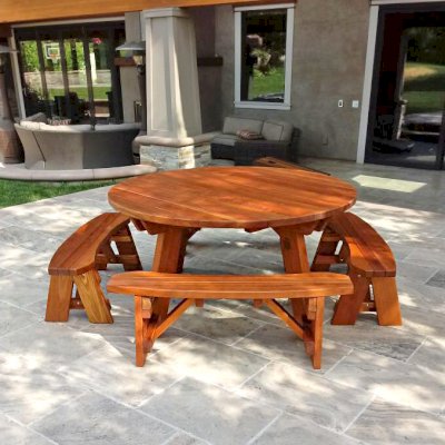 Round Wooden Picnic Table (Detached Benches) (Options: 5 1/2' Diameter, Unattached Benches, California Redwood, Round Picnic Bench, Standard Tabletop, No Lazy Susan, No Umbrella Hole, Transparent Premium Sealant). Photo Courtesy of W. Jenkins of Orange, CA.