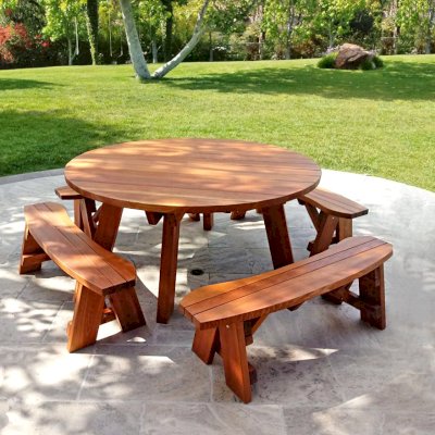 Round Wooden Picnic Tables (Detached Benches) (Options: 5 1/2' Diameter, Unattached Benches, California Redwood, Round Picnic Bench, Standard Tabletop, No Lazy Susan, No Umbrella Hole, Transparent Premium Sealant). Photo Courtesy of W. Jenkins of Orange, CA.
