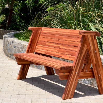 Rustic Redwood Bench (Options: 5 ft, Mosaic Redwood, No Cushion, No Engraving, Transparent Premium Sealant).