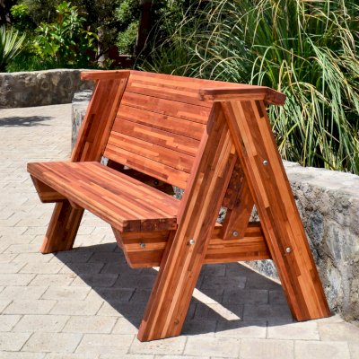 Rustic Redwood Bench (Options: 5 ft, Mosaic Redwood, No Cushion, No Engraving, Transparent Premium Sealant).