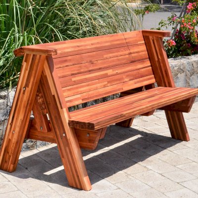 Rustic Redwood Bench (Options: 5 ft, Mosaic Redwood, No Cushion, No Engraving, Transparent Premium Sealant).