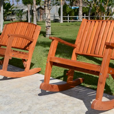 Ruth Redwood Rocker (Options: Extra Wide, Mature Redwood, Tall Seat, No Cushion, Transparent Premium Sealant). Photo Also Shows a Luna Rocking Bench.