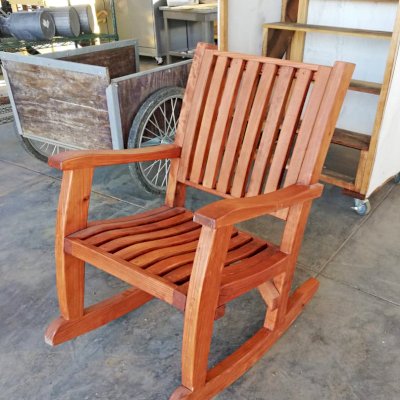 Ruth Redwood Rocker (Options: Standard Size, Mature Redwood, 20" Tall Seat, No Cushion, Transparent Premium Sealant). Photo Courtesy of D. Kirk of Stanford, CA.
