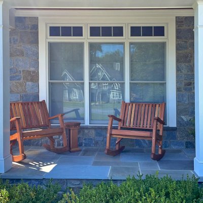 Ruth Rocking Chairs (Options: Extra Wide, California Redwood, Tall Seat, No Cushion, Transparent Premium Sealant) with a Mini Round Side Table. 