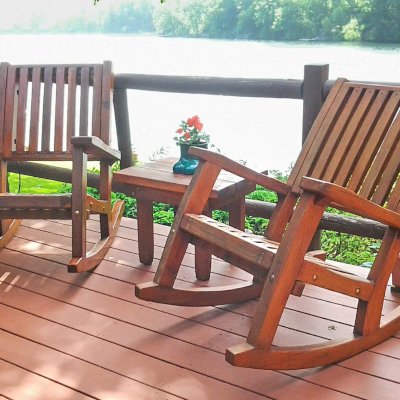 Ruth Rocking Chairs (Options: Standard Size, Old-Growth Redwood, 20" Tall Seat, No Cushion, Transparent Premium Sealant, Extrawide Armrests by Custom Request) with a Rectangular Side Table. Photo Courtesy of Terry H. of Newton, New Jersey.