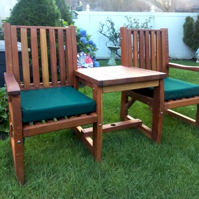 Ruth Vignette Wood Settee (Options: California Redwood, Slightly Rounded Corners, 1 5/8" Diameter Umbrella Hole, Forest Green Cushion, Transparent Premium Sealant).