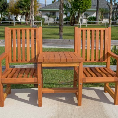 Ruth Vignette Wood Settee (Options: California Redwood, Slightly Rounded Corners, No Umbrella Hole, No Custom Cushion, Transparent Premium Sealant).