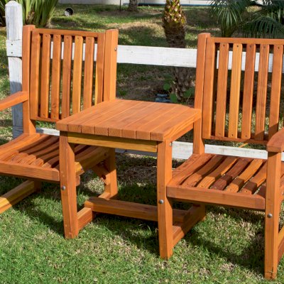Ruth Vignette Wood Settee (Options: California Redwood, Slightly Rounded Corners, No Umbrella Hole, No Custom Cushion, Transparent Premium Sealant).