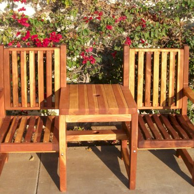 Ruth Vignette Wood Settee (Options: California Redwood, Slightly Rounded Corners, Umbrella Hole, No Custom Cushion, Transparent Premium Sealant).